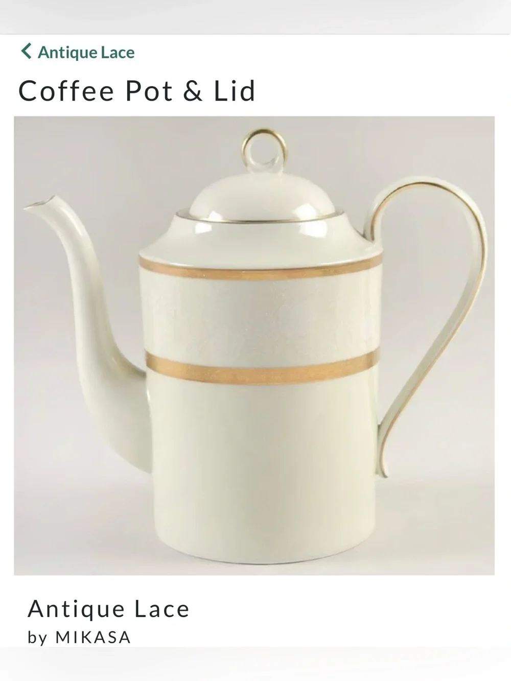 Mikasa Antique Lace White and Gold Coffee Pot with Lid Made in Japan #L5531